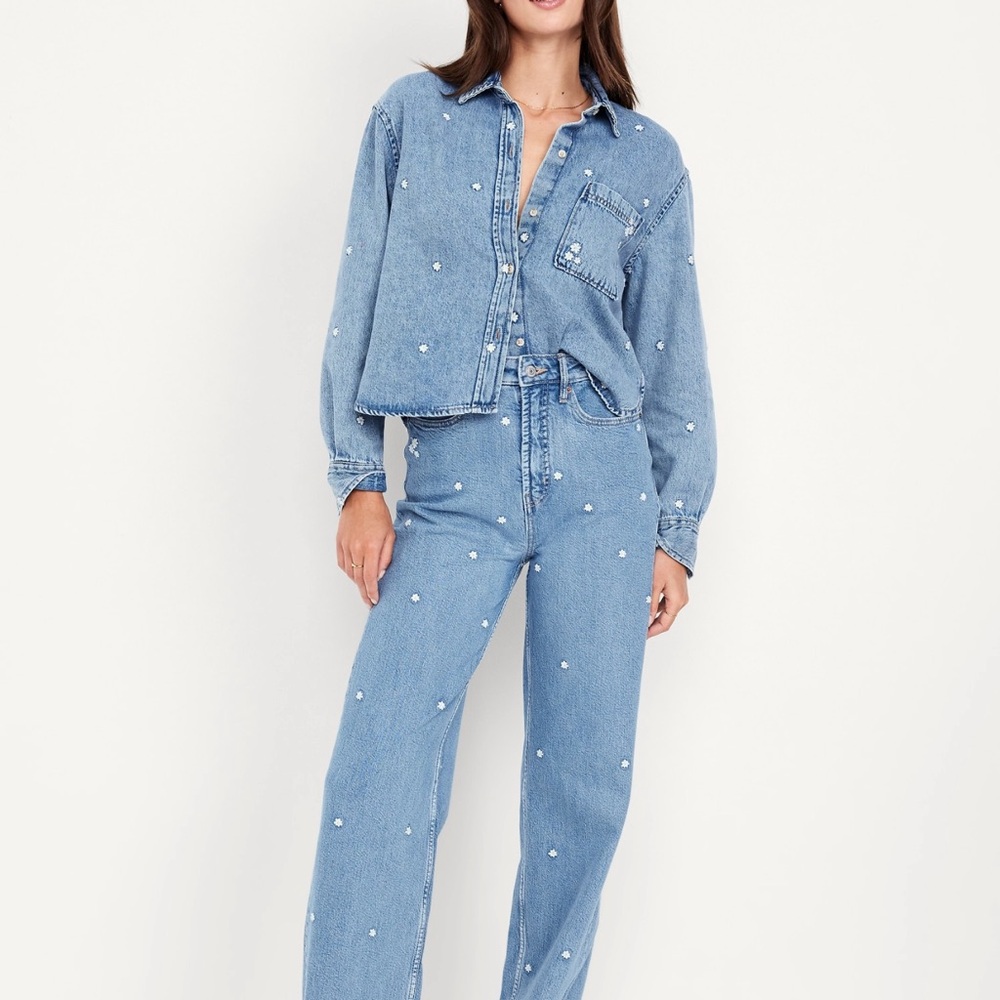 Women's Blue Denim daisy embroidery jeans
